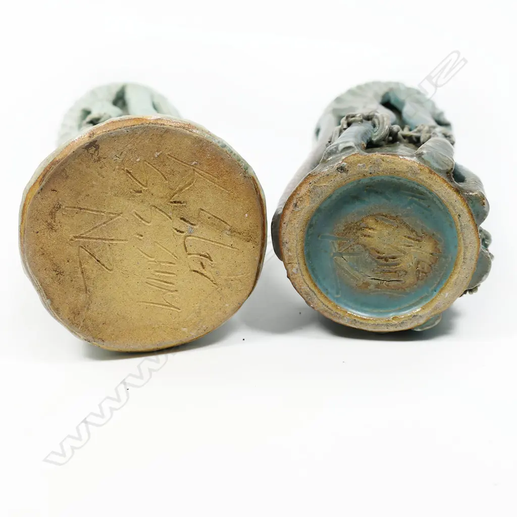 Keum Sun Lee/Sang Sool Shim, Pr Nikau Bottle Forms, purple koru & pl green, H.200 & 225mm. Image 1++