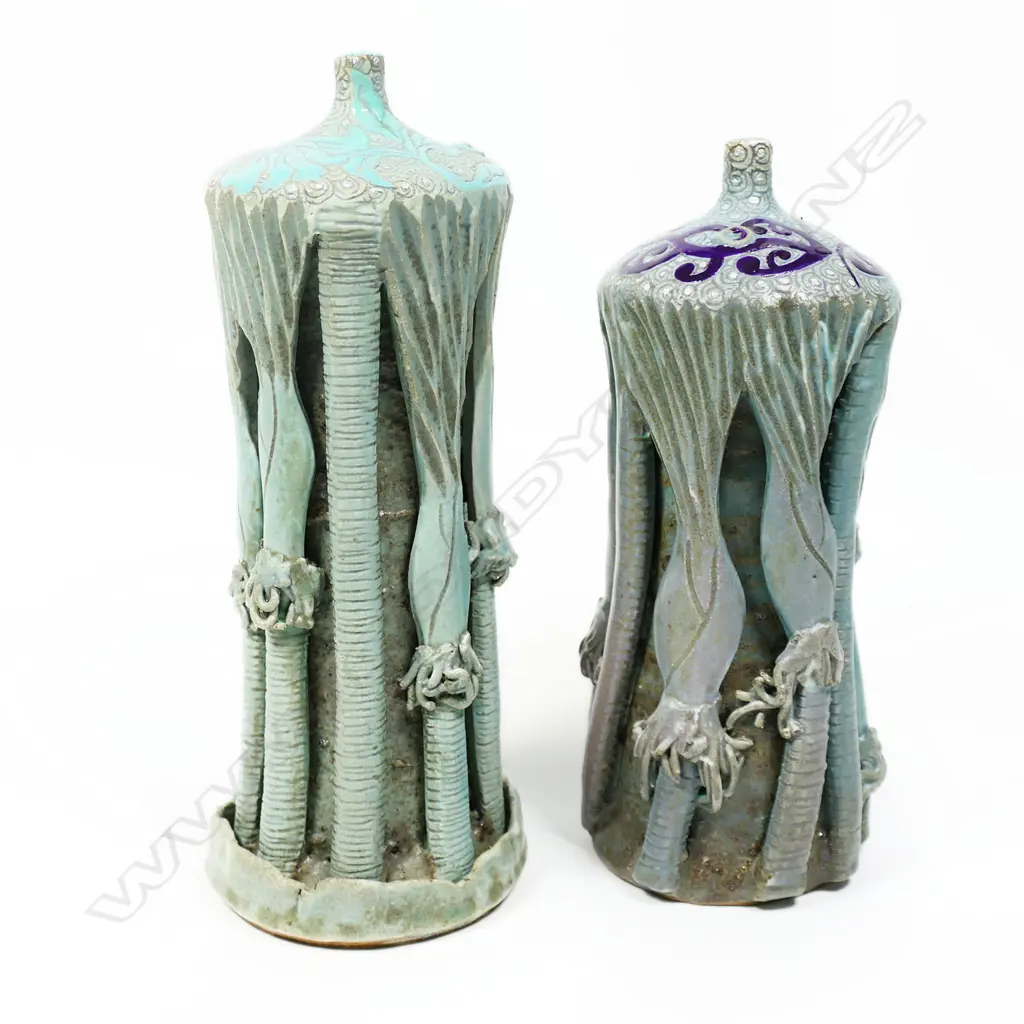 Keum Sun Lee/Sang Sool Shim, Pr Nikau Bottle Forms, purple koru & pl green, H.200 & 225mm. Image 1++