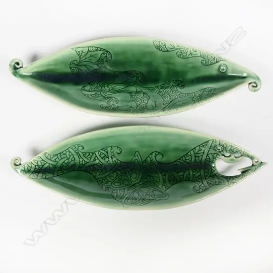 Keum Sun Lee/ Sang Sool Shim Pr Footed Canoe Shaped Dishes. Green glazed porcelain w flora detail & koru tips. L.260mm