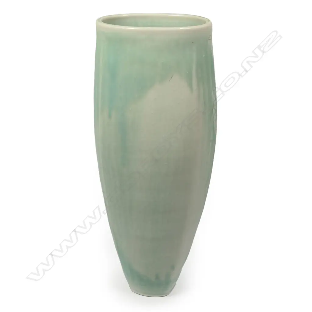 Keum Sun Lee/ Sang Sool Shim Tall Pale Green Tapering Cylinder Vase. Porcelain. Sunflower decoration. H.330mm Image 1++