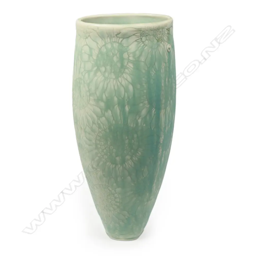 Keum Sun Lee/ Sang Sool Shim Tall Pale Green Tapering Cylinder Vase. Porcelain. Sunflower decoration. H.330mm Image 1++