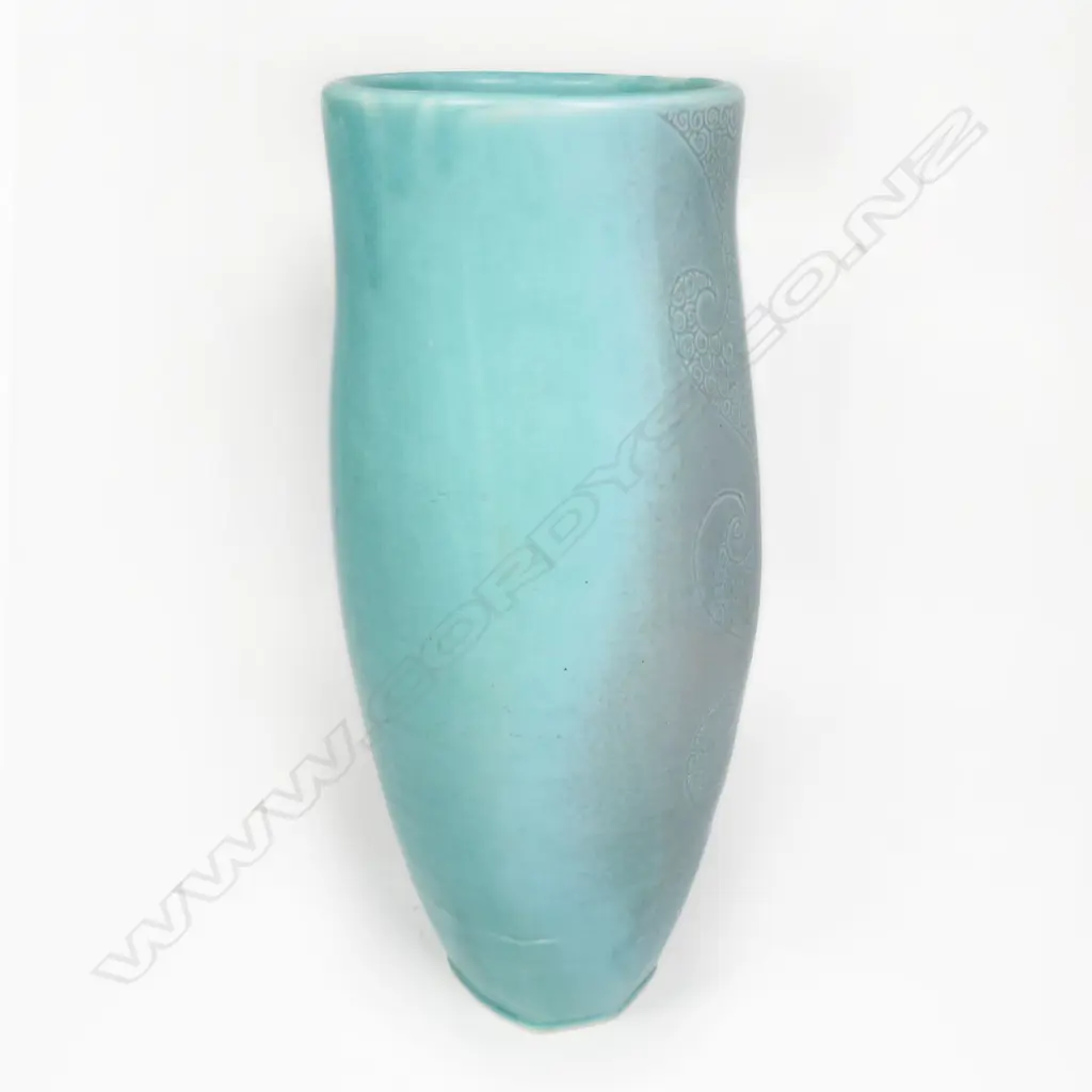 Keum Sun Lee/ Sang Sool Shim Tapering Cylinder Vase. Porelain.Turquoise glaze koru & flora design. H.305mm Image 1++