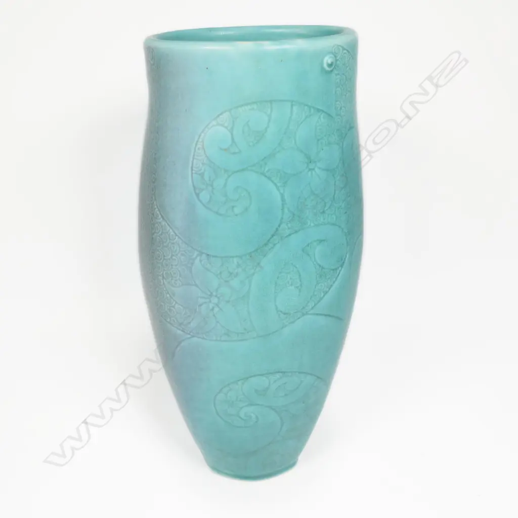 Keum Sun Lee/ Sang Sool Shim Tapering Cylinder Vase. Porelain.Turquoise glaze koru & flora design. H.305mm Image 1++