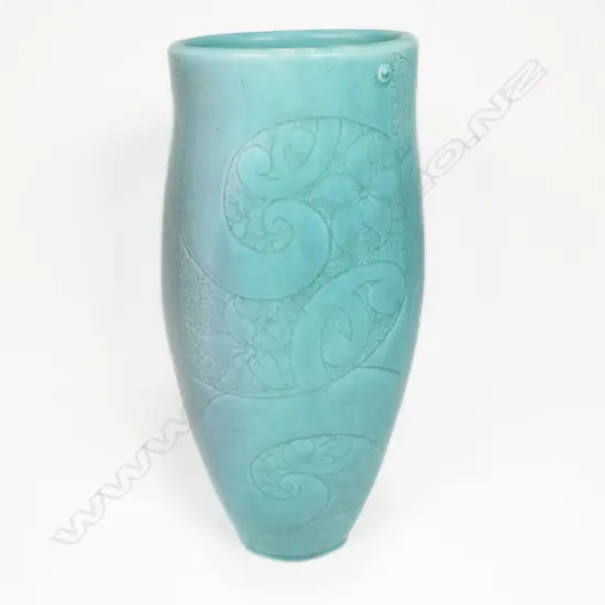 Keum Sun Lee/ Sang Sool Shim Tapering Cylinder Vase. Porelain.Turquoise glaze koru & flora design. H.305mm