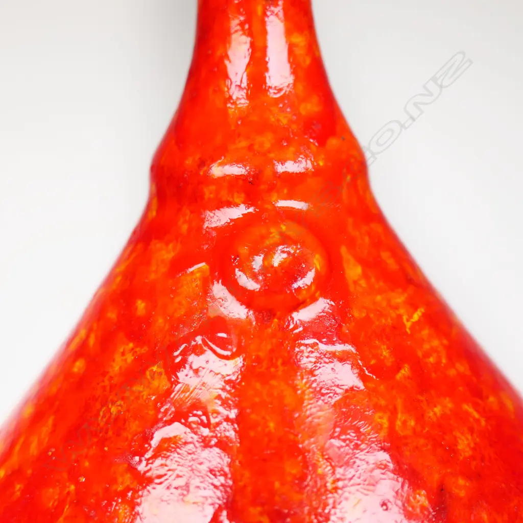 Keum Sun Lee/ Sang Sool Shim Red Painted Ovid Vase w Spire Neck. Porcelain. Mottled finish. H.380mm Image 1++