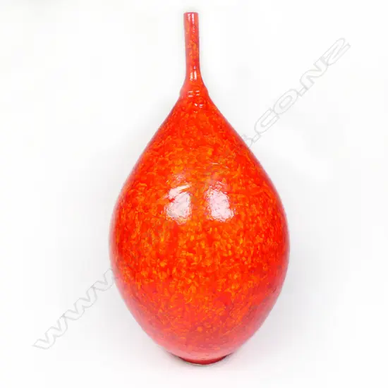 Keum Sun Lee/ Sang Sool Shim Red Painted Ovid Vase w Spire Neck. Porcelain. Mottled finish. H.380mm