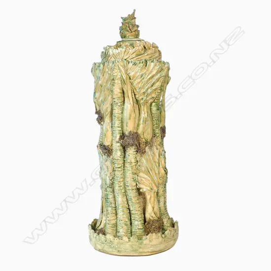 Keum Sun Lee/ Sang Sool Shim Tall Nikau Sculptural Stoppered Form. Floor sitting w modelled Nikau palm relief. H.600mm