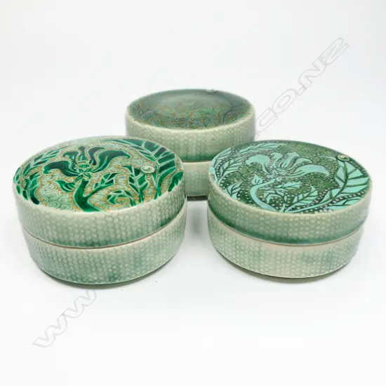 Keum Sun Lee/ Sang Sool Shim Trio Trinket Boxes. Celadon glazed porcelain floral design gold & silver detail. Dia.90mm