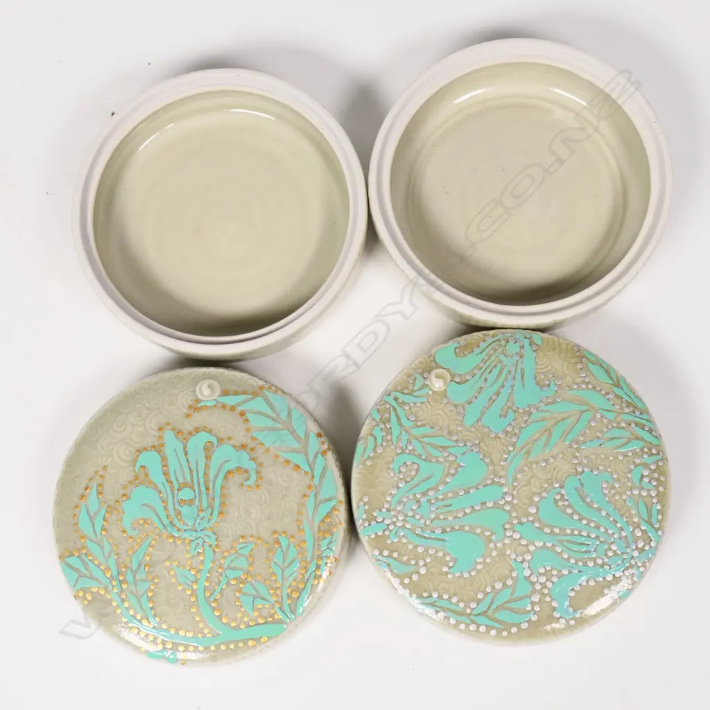 Keum Sun Lee/ Sang Sool Shim Pr Trinket Boxes. Celadon glazed porcelain floral detail gold/silver highlights. Dia.90mm Image 1++