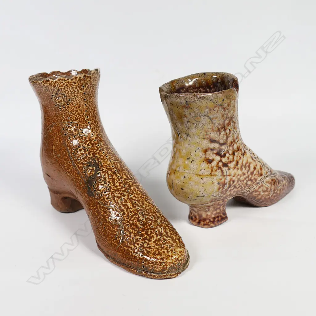 Two 19thC colonial salt glaze ladies boot vase ornaments, Image 1++