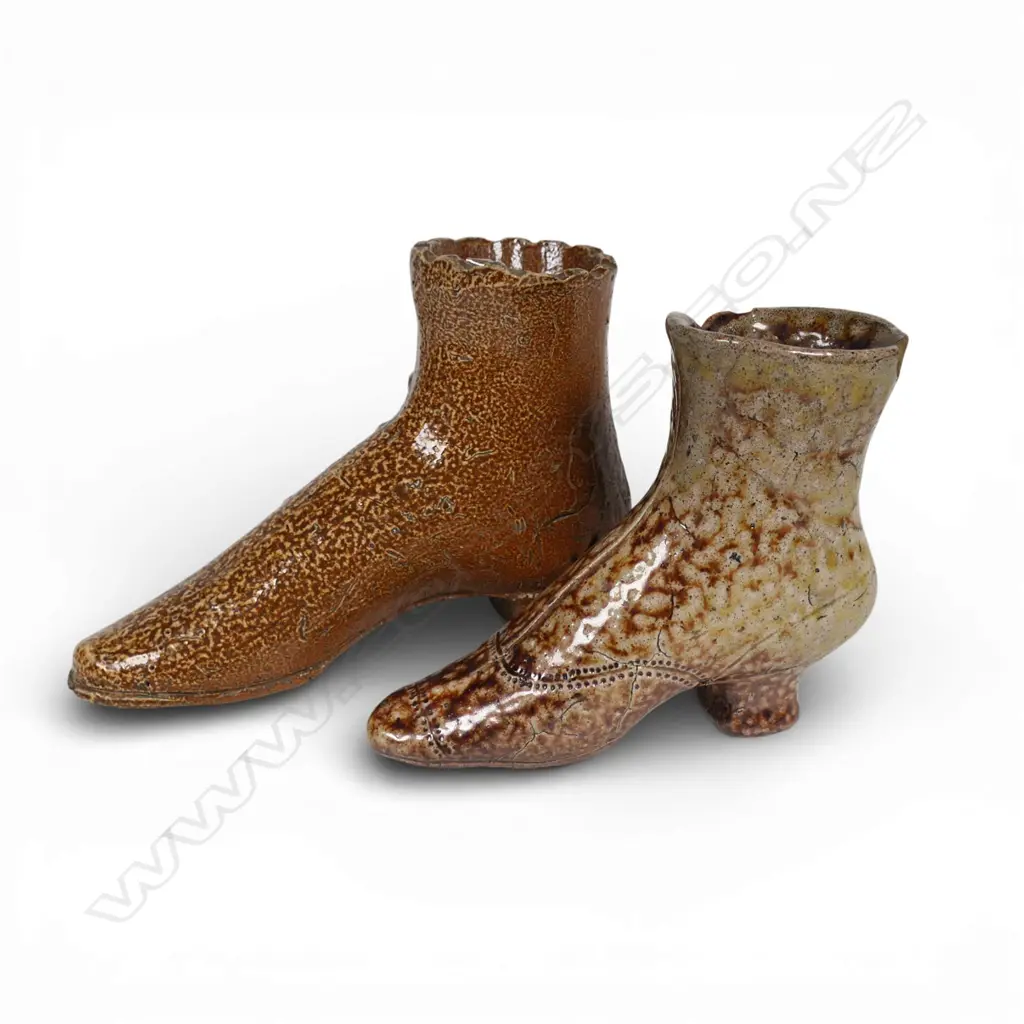 Two 19thC colonial salt glaze ladies boot vase ornaments, Image 1++