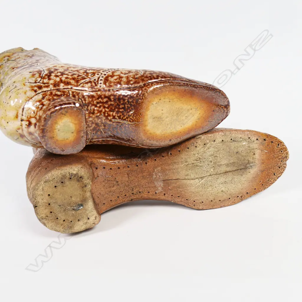 Two 19thC colonial salt glaze ladies boot vase ornaments, Image 1++