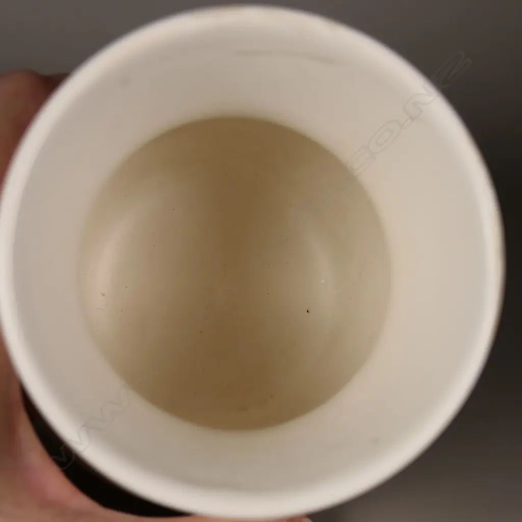 Crown Lynn cream hand potted vase of squat baluster shape with horizontal rings, Image 1++