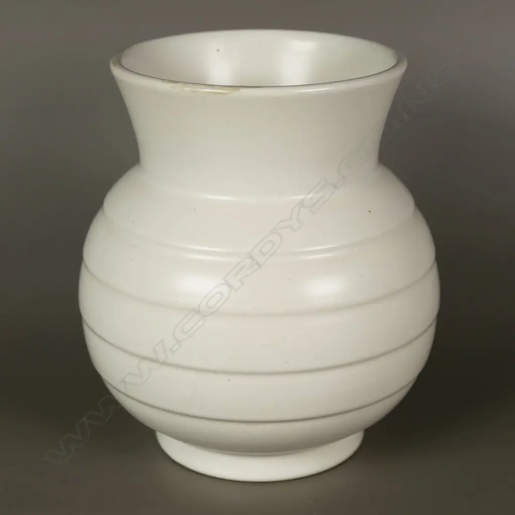 Crown Lynn cream hand potted vase of squat baluster shape with horizontal rings, Image 1++