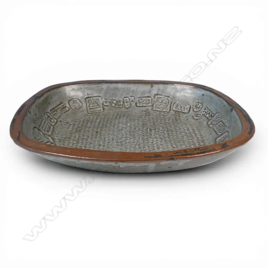 Len Castle large rectangular form dish  with impressed motifs similar to those used by Theo Schoon, Image 1++