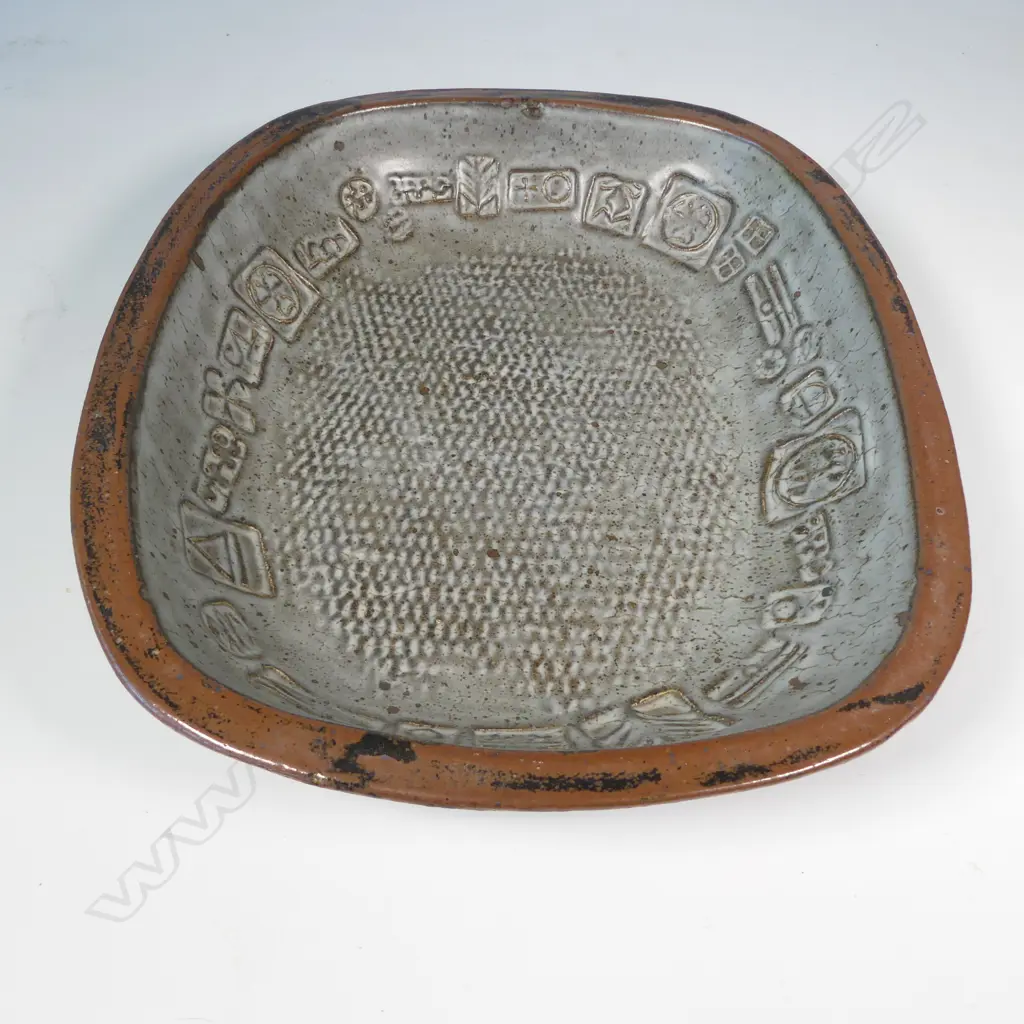 Len Castle large rectangular form dish  with impressed motifs similar to those used by Theo Schoon, Image 1++