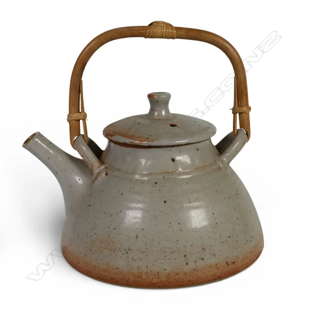 Peter Stichbury Shino glazed tea pot with overhead bamboo handle, Image 1++