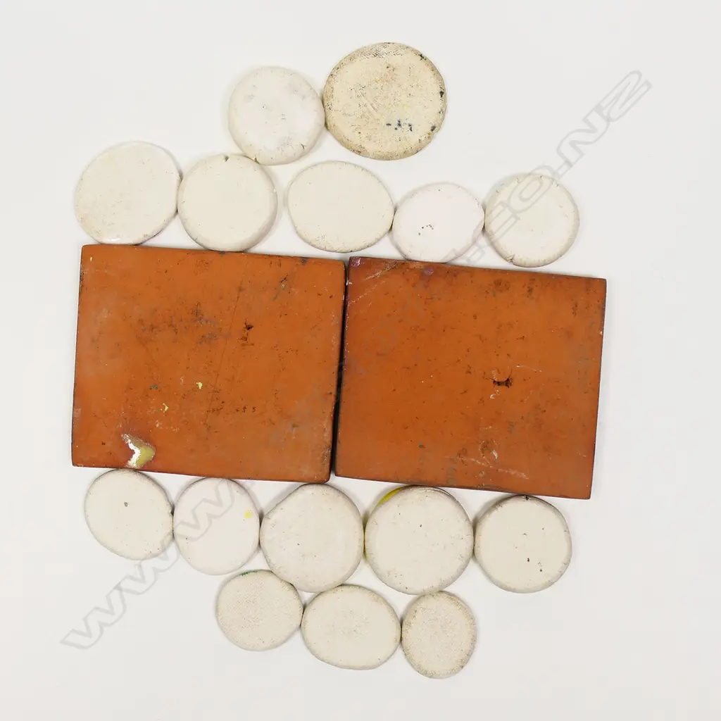 Two Warren Tippett glaze test tiles and 15 hand painted exhibition number discs, Image 1++