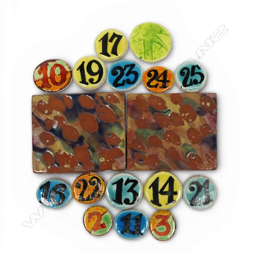 Two Warren Tippett glaze test tiles and 15 hand painted exhibition number discs, Image 1++