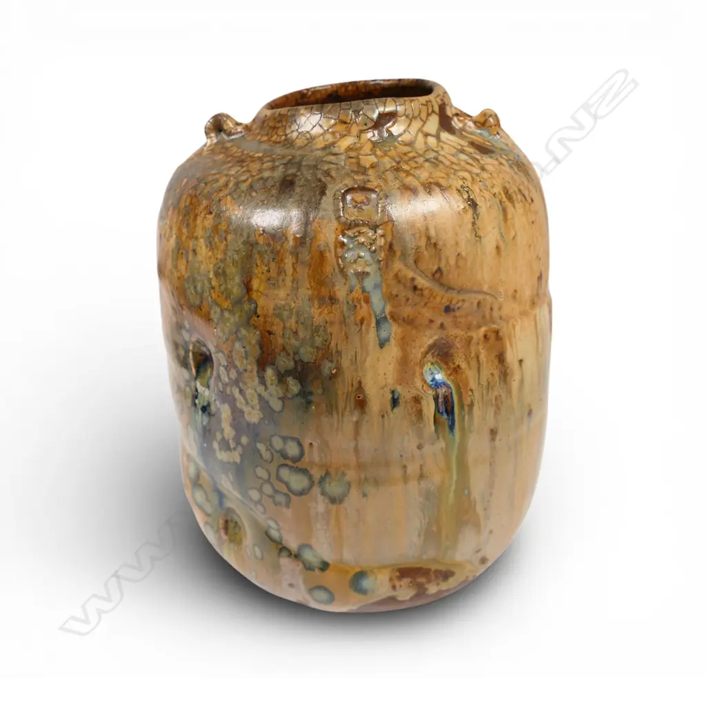 Greg Barron woodfired altered form vessel with dimples, Image 1++