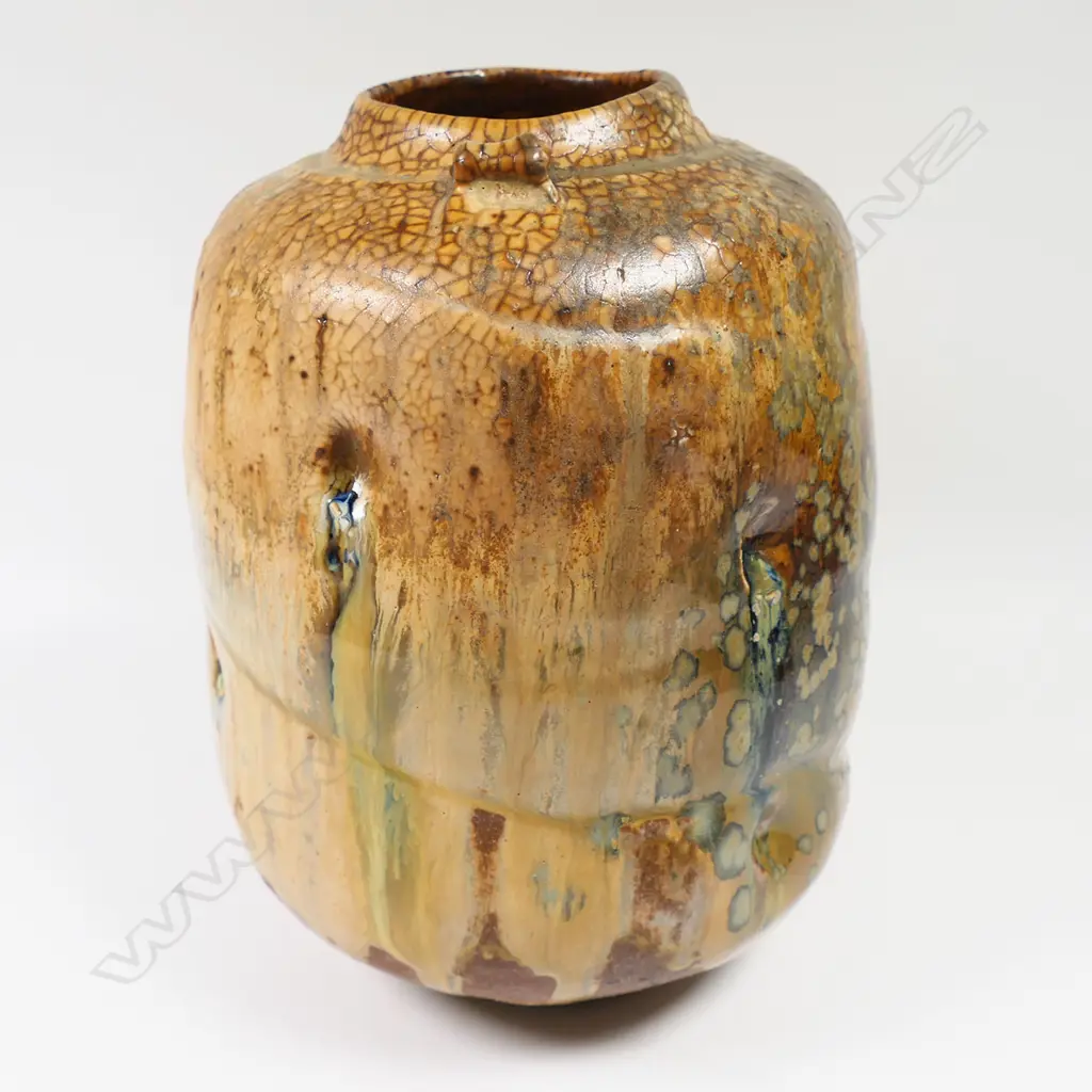 Greg Barron woodfired altered form vessel with dimples, Image 1++
