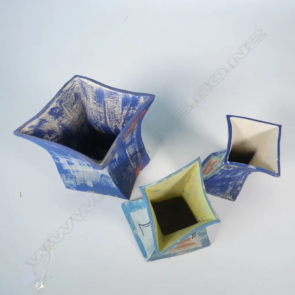 Three unglazed slab sided vases, Image 1++