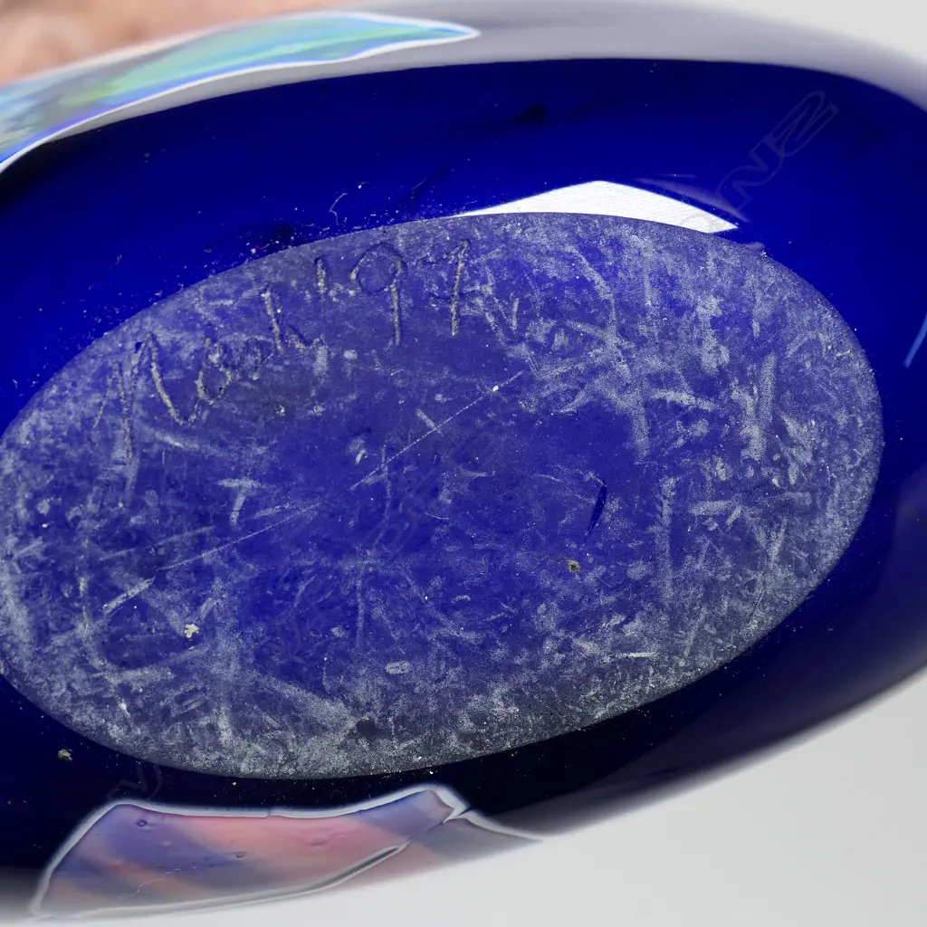 Garry Nash (ONZM) opaque blue flattened ovoid art glass vase, Image 1++