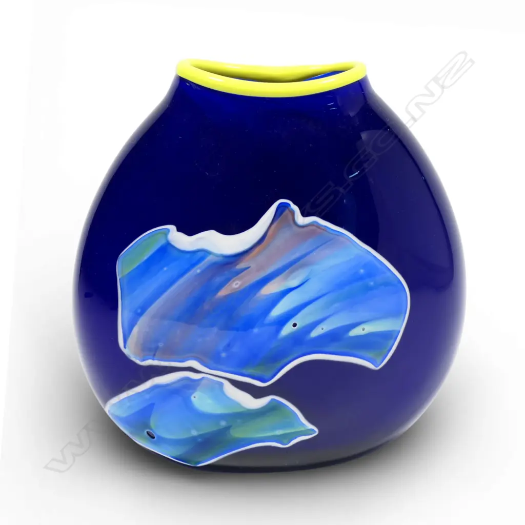 Garry Nash (ONZM) opaque blue flattened ovoid art glass vase, Image 1++