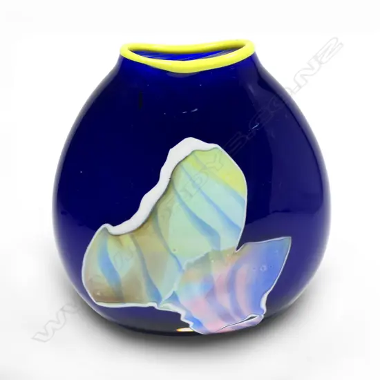 Garry Nash (ONZM) opaque blue flattened ovoid art glass vase,
