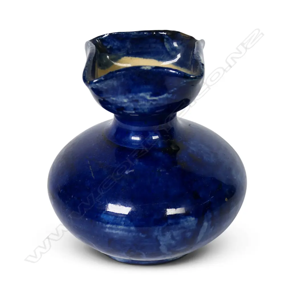 Luke Adams (1838–1918) blue glazed vase with squared rim, Image 1++