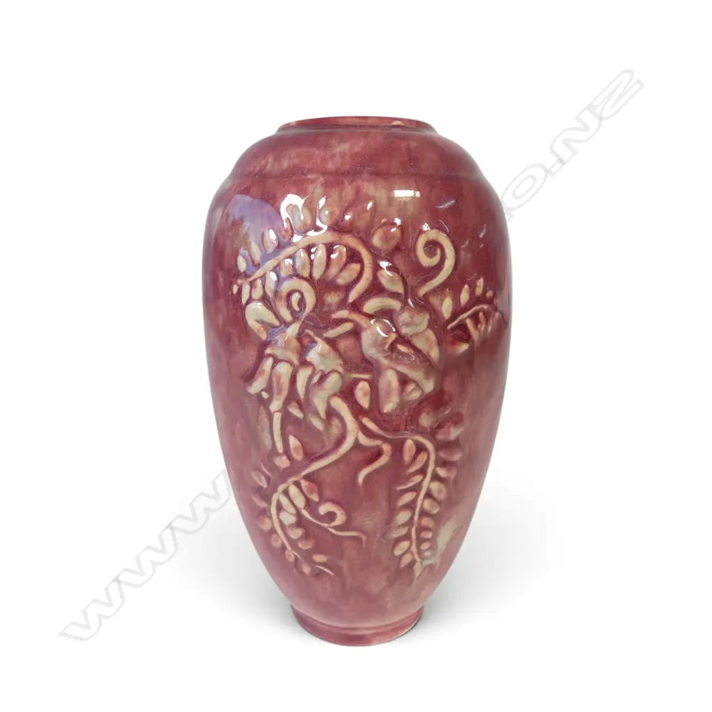 Early Ambrico Crown Lynn vase, plum pink over pale green undercolour, Image 1++