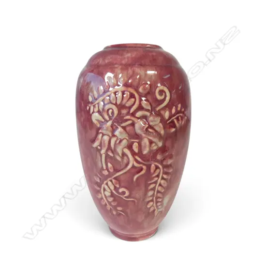 Early Ambrico Crown Lynn vase, plum pink over pale green undercolour,