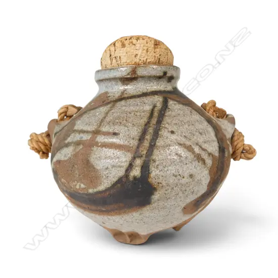 Patricia Perrin onion pot with cork stopper and toggled rope handle,