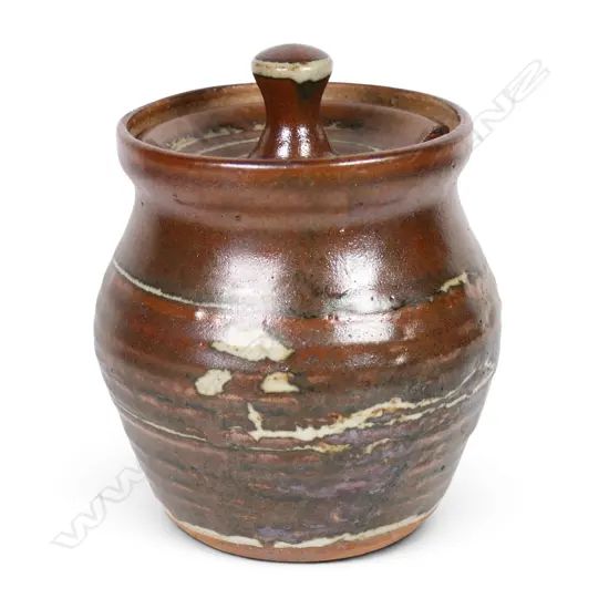 Bruce Martin early pottery wax resist lidded preserve jar /sugar bowl