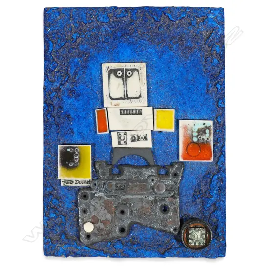 Ted Dutch (1928–2008) wooden wall tile with ceramic figures,