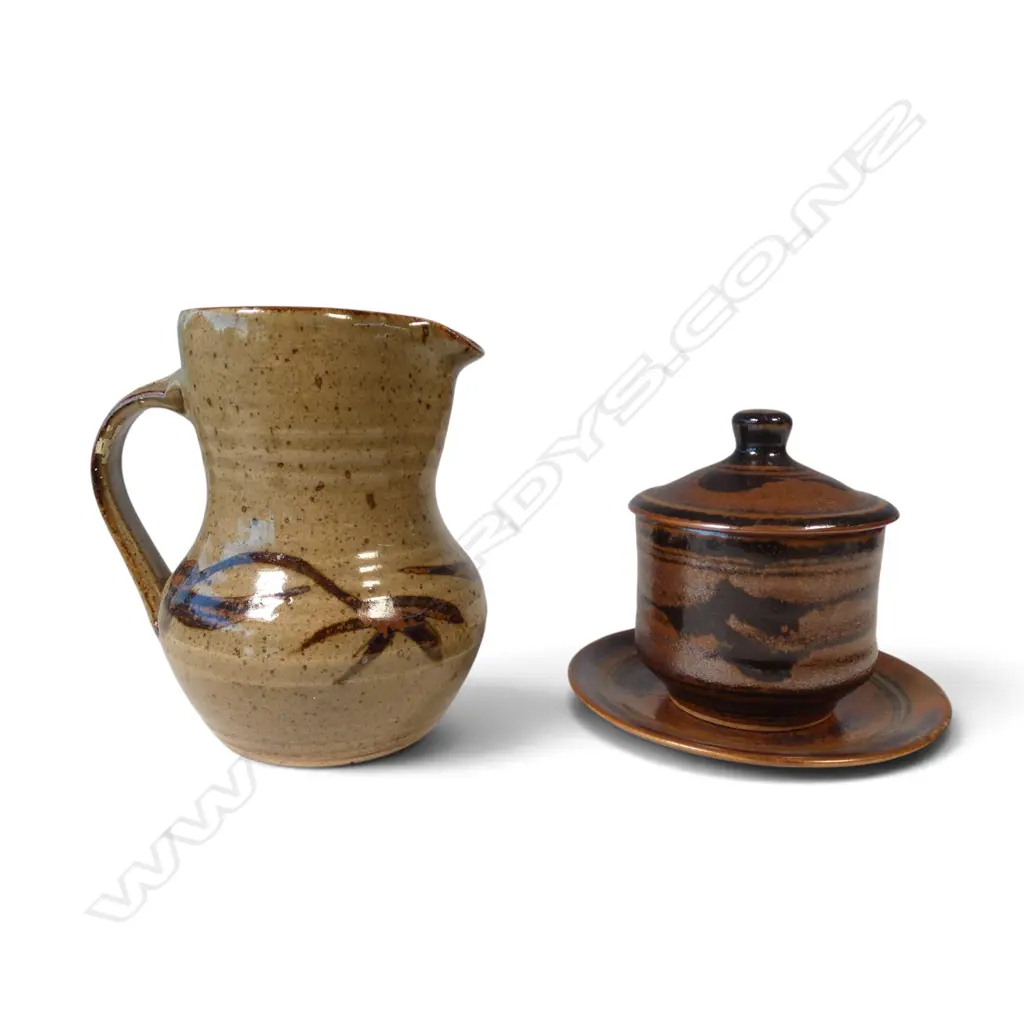 Harry and May Davis Crewenna Pottery large jug + lidded sugar bowl and saucer dish, Image 1++