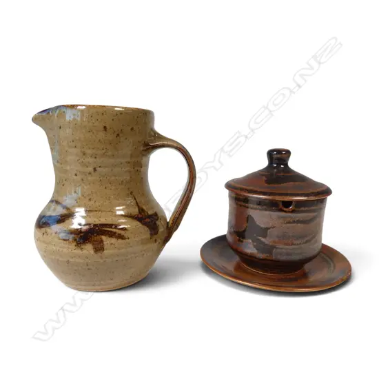 Harry and May Davis Crewenna Pottery large jug + lidded sugar bowl and saucer dish,