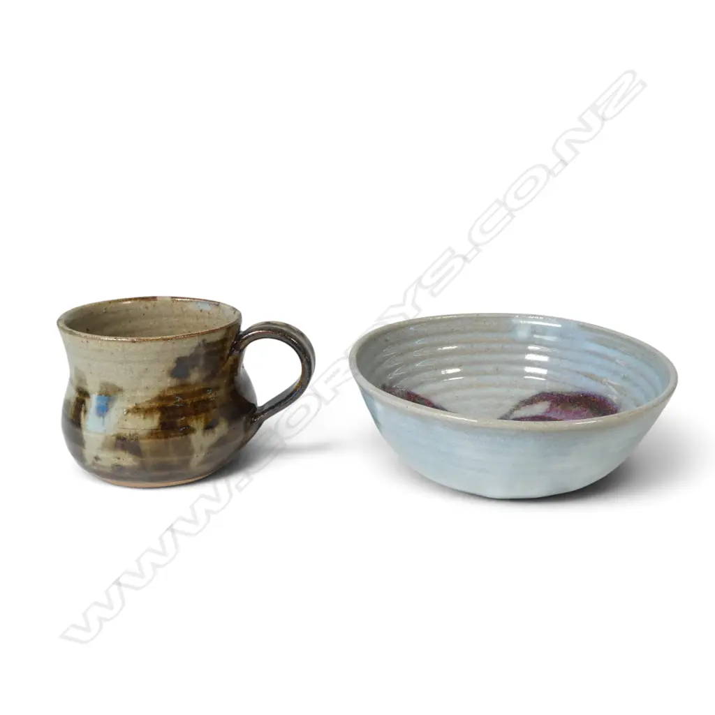 Two Helen Mason pottery pieces: a bowl with deep red floral and a mug, Image 1++