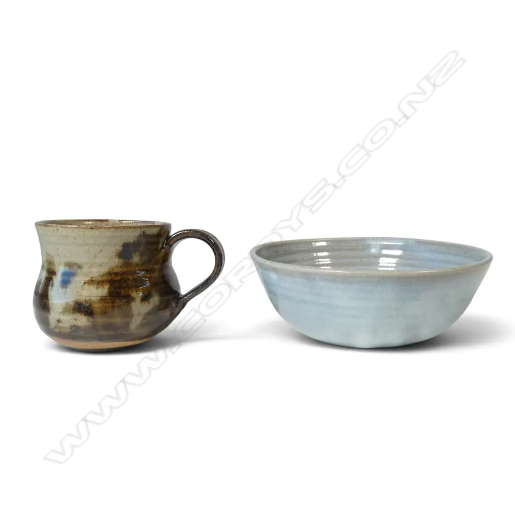 Two Helen Mason pottery pieces: a bowl with deep red floral and a mug, Image 1++