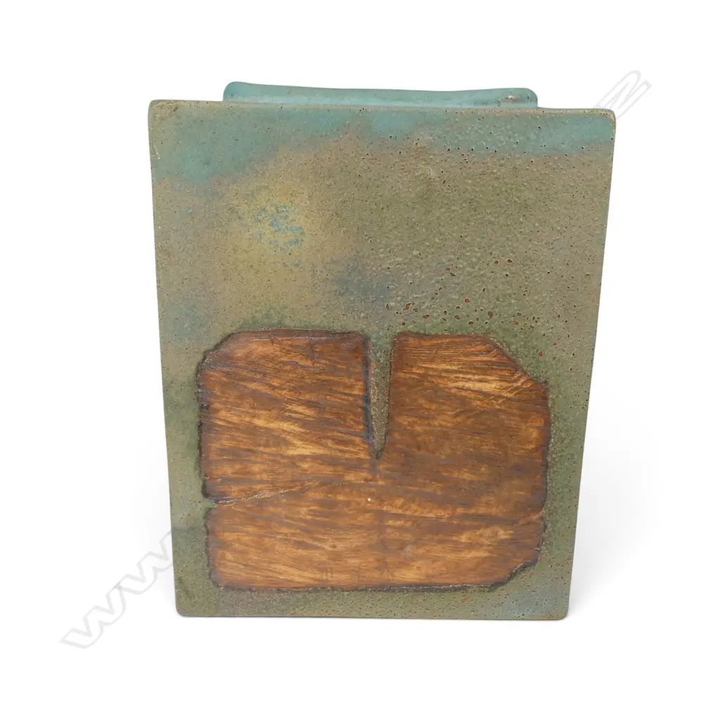 Keith Blight (1933-2017) slab sided vase, with wood bark impression front and back and raised coiled rim, small area of glaze loss. Potter's mark lower side, c.1980s. 345 x 260 x 90mm Image 1++