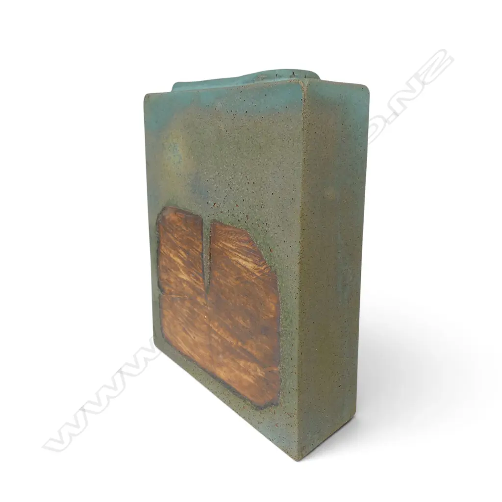 Keith Blight (1933-2017) slab sided vase, with wood bark impression front and back and raised coiled rim, small area of glaze loss. Potter's mark lower side, c.1980s. 345 x 260 x 90mm Image 1++