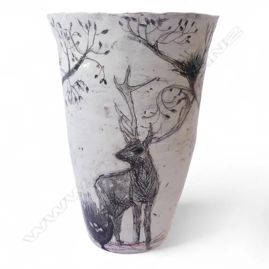 Jacqueline Leighton Boyce (UK) tall vase with woodland design,