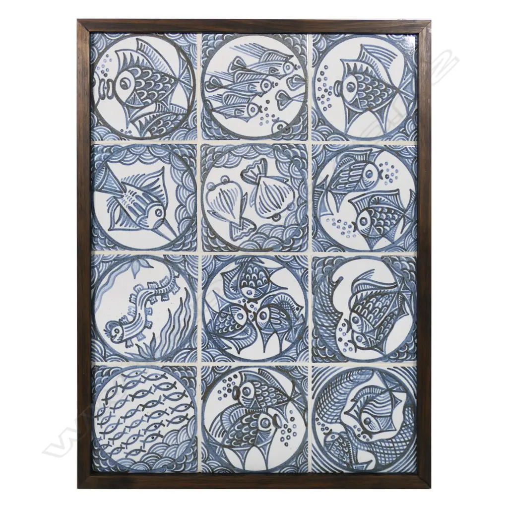 Twelve Anneke Borren framed blue and white ceramic tiles, Image 1++