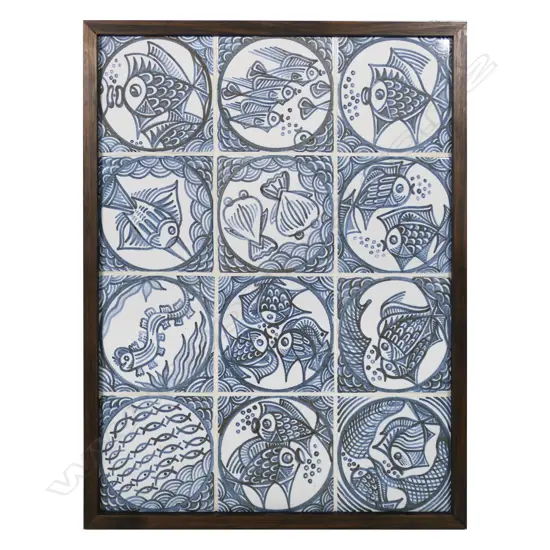 Twelve Anneke Borren framed blue and white ceramic tiles,