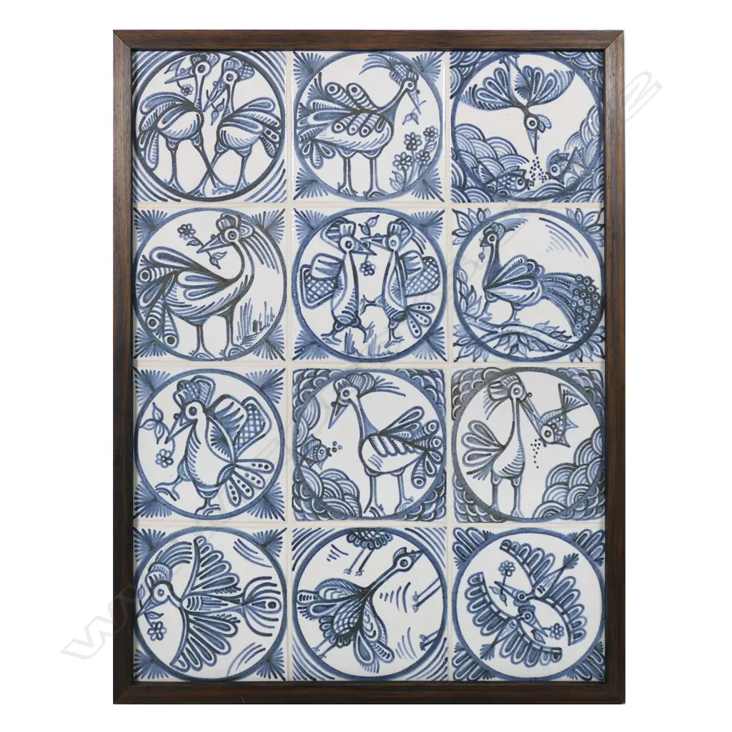 Twelve Anneke Borren framed blue and white ceramic tiles, Image 1++