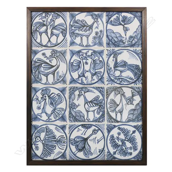 Twelve Anneke Borren framed blue and white ceramic tiles,