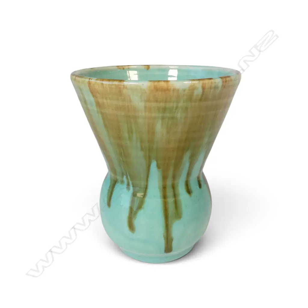 Nell McCredie (AUS) waisted vase, with brown drip glaze effects over a celadon glazed body, H110mm Image 1++