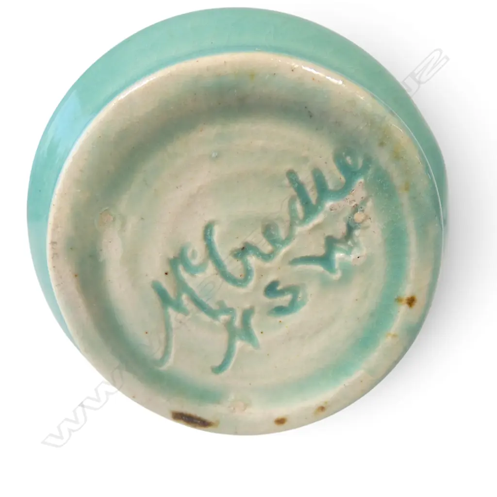 Nell McCredie (AUS) waisted vase, with brown drip glaze effects over a celadon glazed body, H110mm Image 1++