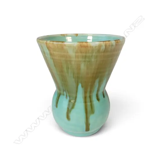 Nell McCredie (AUS) waisted vase, with brown drip glaze effects over a celadon glazed body, H110mm