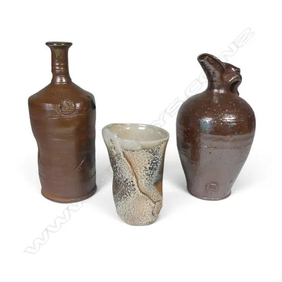 Ronald Boeisen two woodfired bottle vases and a beaker,
